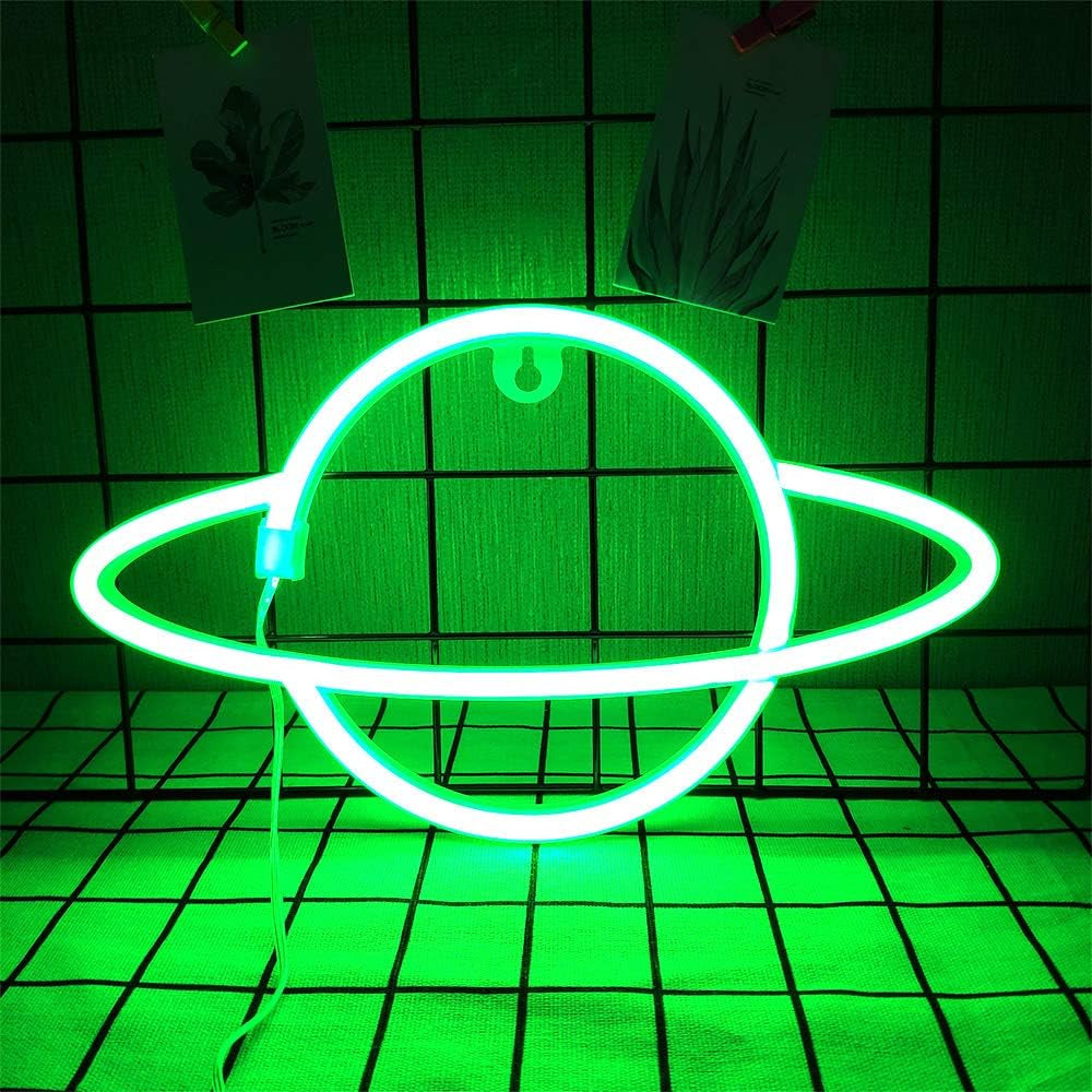 Planet Neon Signs Planet Neon Signs Neon Planet Wall Sign Green Planet Neon Night Lights Wall Hanging Neon Light Neon Space Planet Sign for Home Bedroom Bar Club Christmas Wedding Party (Green)