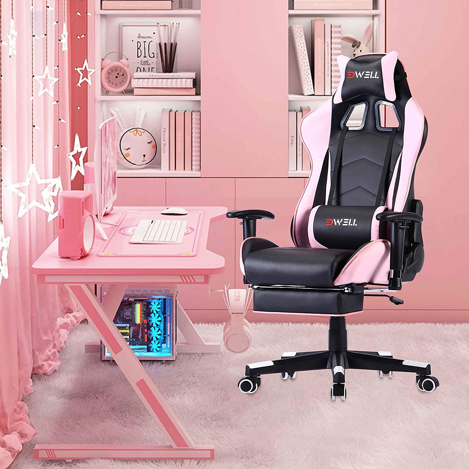 Pink Gaming Chair Ergonomic Computer Chair,Office Chair Gaming Massage Chair Gaming Chair with Footrest(Pink)