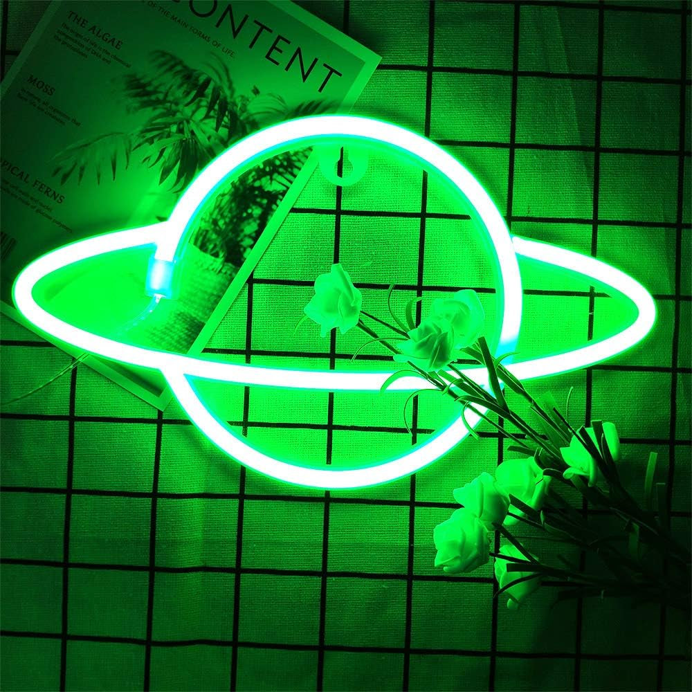 Planet Neon Signs Planet Neon Signs Neon Planet Wall Sign Green Planet Neon Night Lights Wall Hanging Neon Light Neon Space Planet Sign for Home Bedroom Bar Club Christmas Wedding Party (Green)