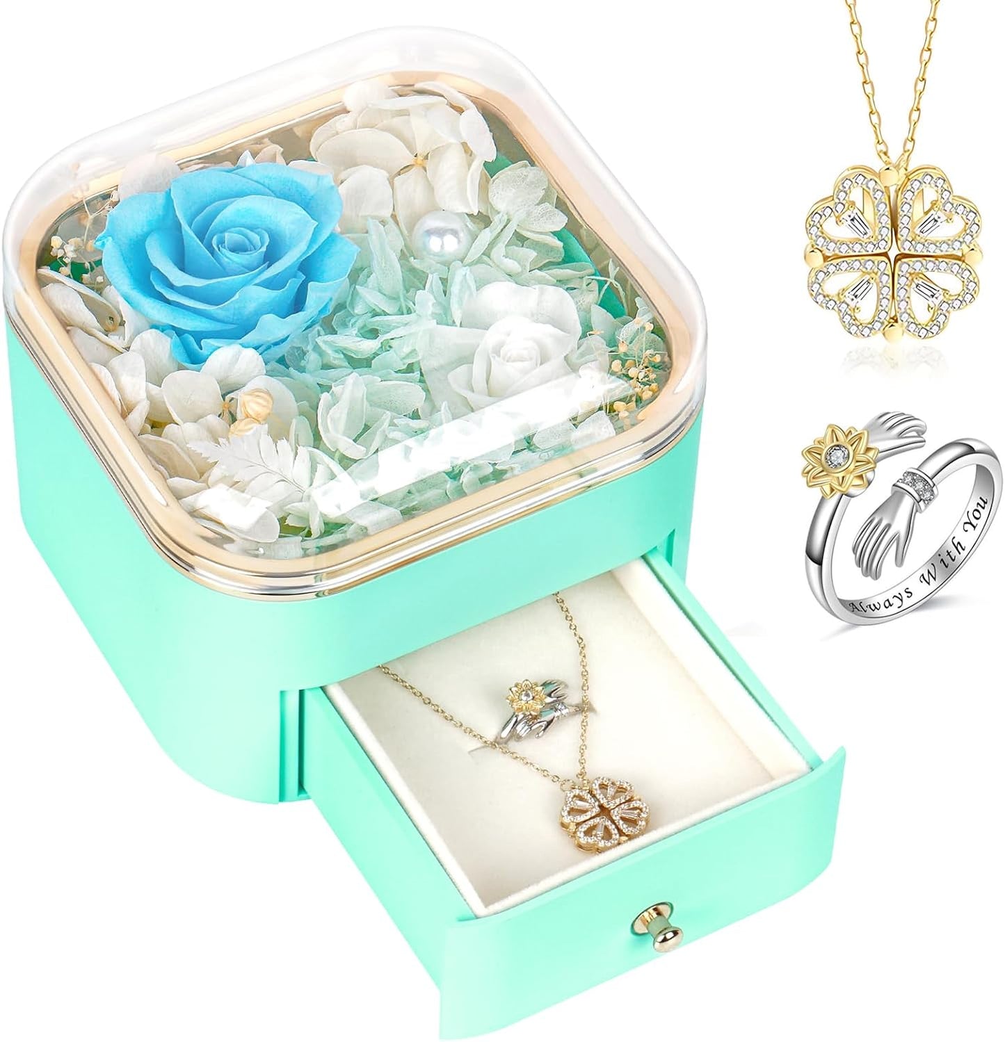 Preserved Roses with Necklace&Ring, Eternal Roses, Real Rose Gifts for Mom Wife Girlfriend