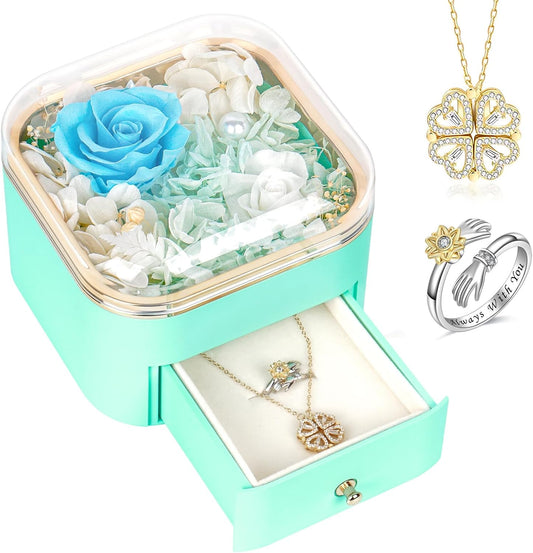 Preserved Roses with Necklace&Ring, Eternal Roses, Real Rose Gifts for Mom Wife Girlfriend