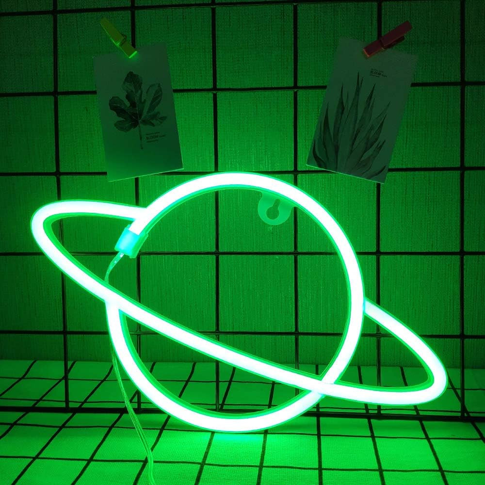 Planet Neon Signs Planet Neon Signs Neon Planet Wall Sign Green Planet Neon Night Lights Wall Hanging Neon Light Neon Space Planet Sign for Home Bedroom Bar Club Christmas Wedding Party (Green)