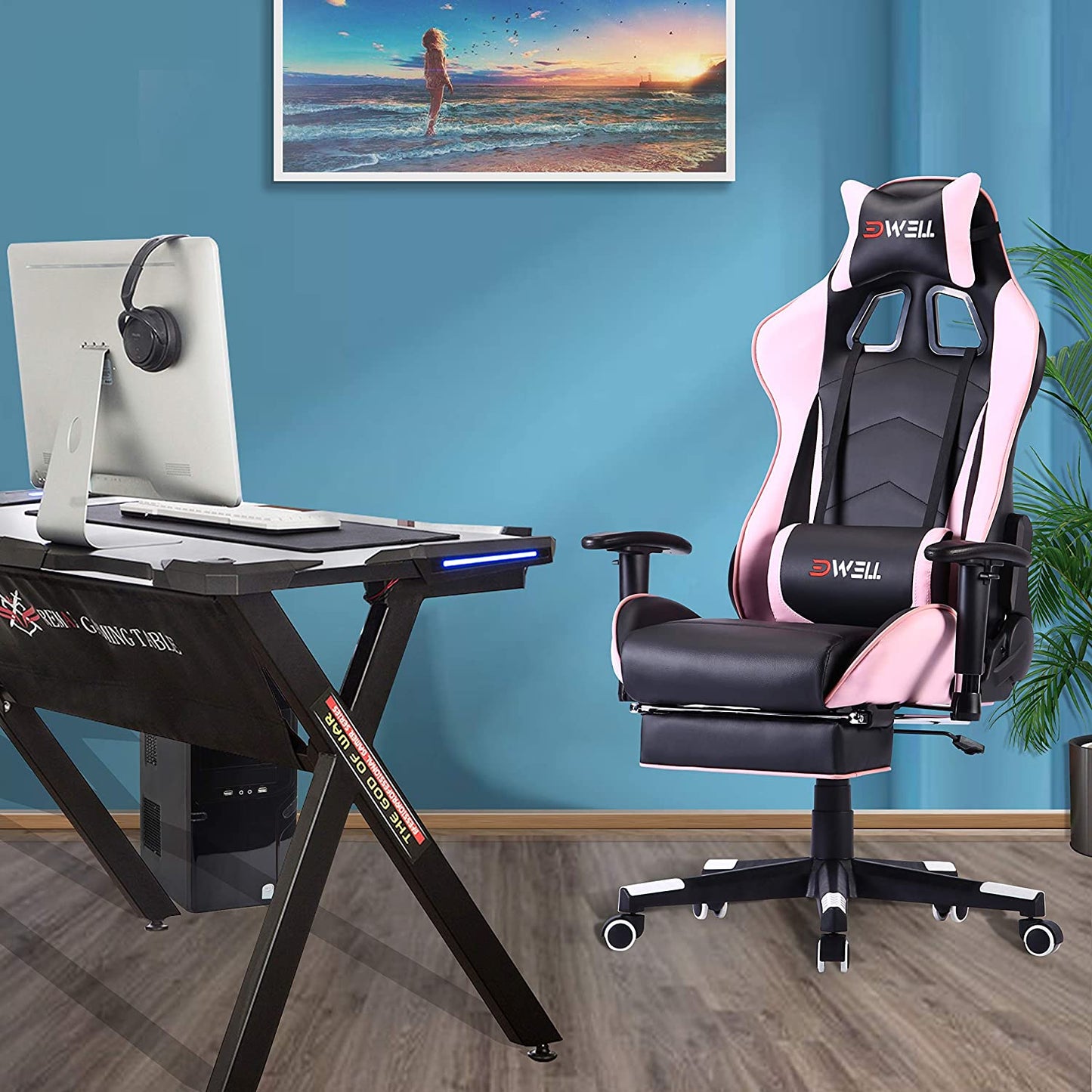 Pink Gaming Chair Ergonomic Computer Chair,Office Chair Gaming Massage Chair Gaming Chair with Footrest(Pink)